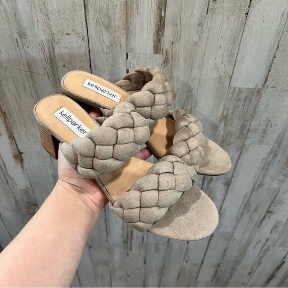 Kell Parker Micaela Tan Braided Heels Sandals Neutral Block Heel - Picture 1 of 6
